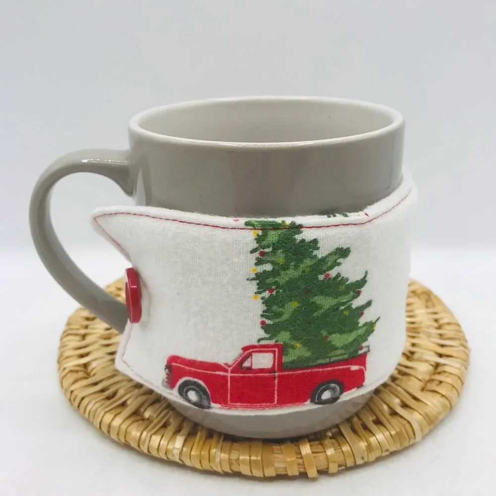 Handmade Mug Cozy, Flannel Little Red Truck, Hot Beverage Cozy, Stocking Stuffer